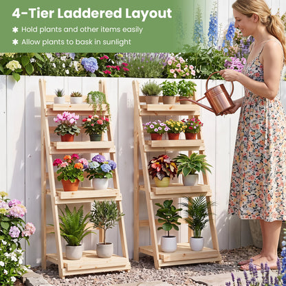 4-Tier Foldable Plant Stand, Garden Slatted Shelves, Natural