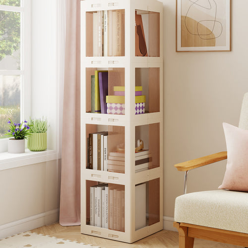4-Tier Foldable Rotating Bookshelf with Swivel Base and Translucent Panels, White