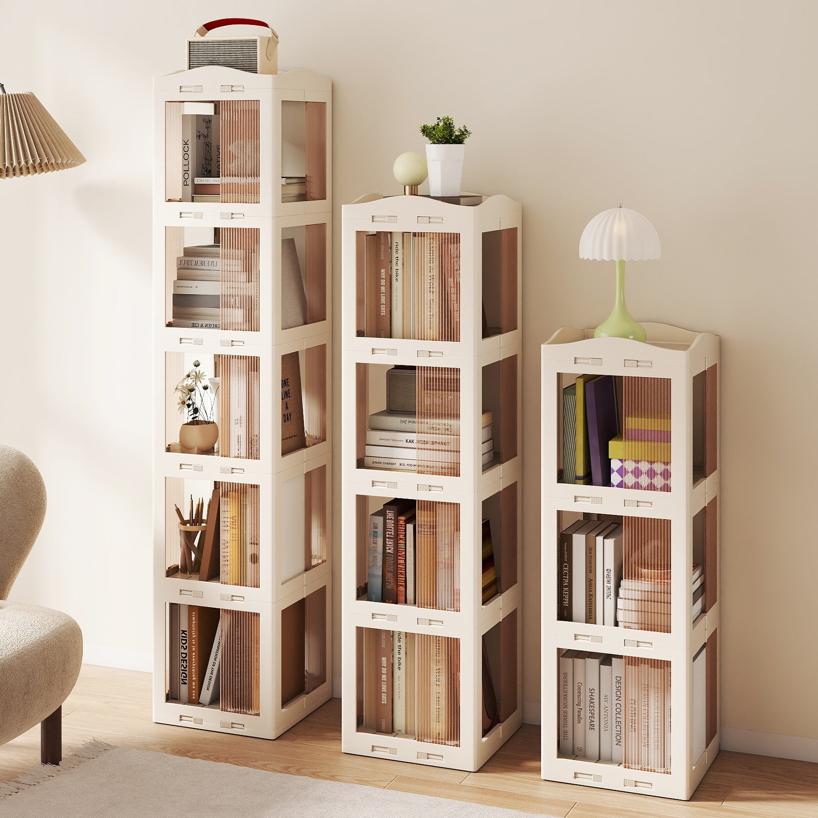 4-Tier Foldable Rotating Bookshelf with Swivel Base and Translucent Panels, White Bookcases at Gallery Canada