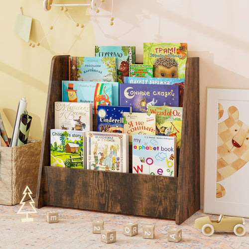 4-Tier Kids Bookshelf, Deep Compartments, Rustic Brown