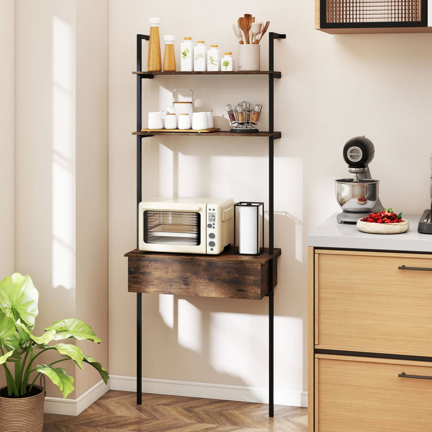 4-Tier Ladder Bookshelf With Drawer, Metal Frame, Rustic Brown Bookcases at Gallery Canada
