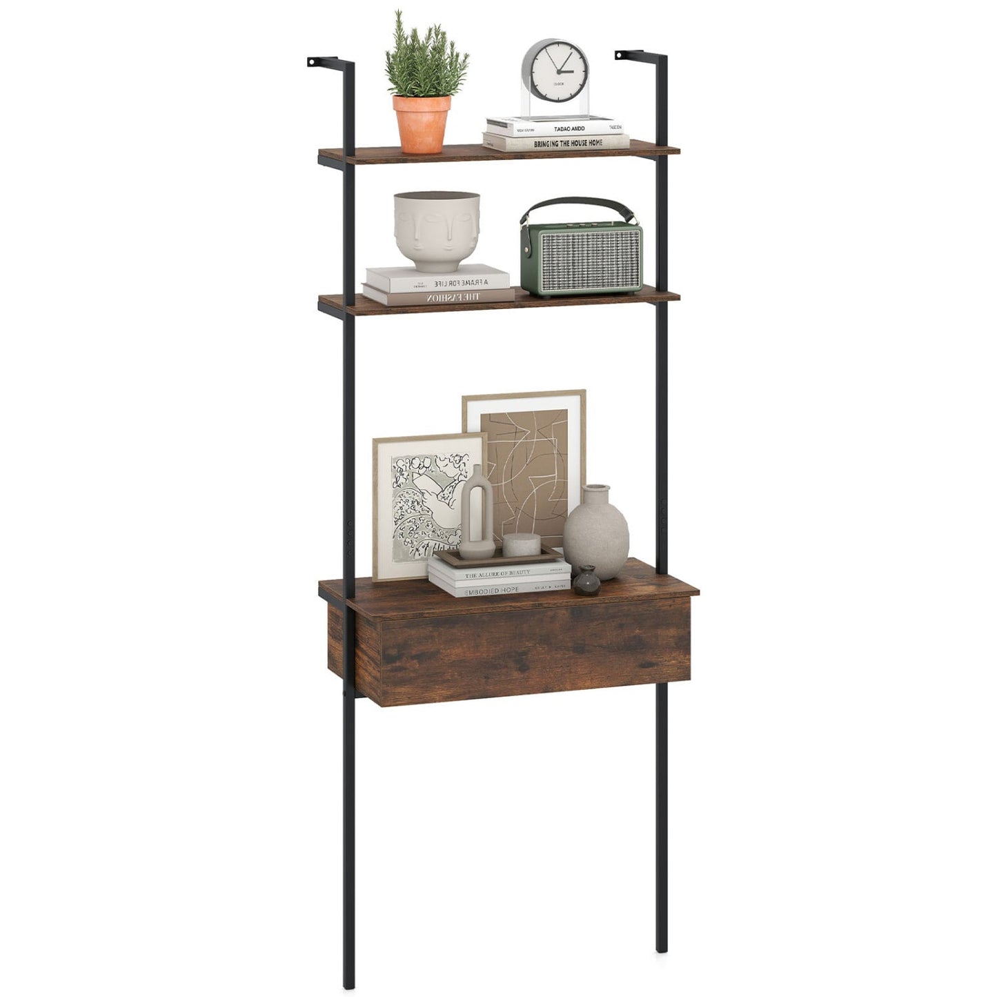 4-Tier Ladder Bookshelf With Drawer, Metal Frame, Rustic Brown Bookcases at Gallery Canada