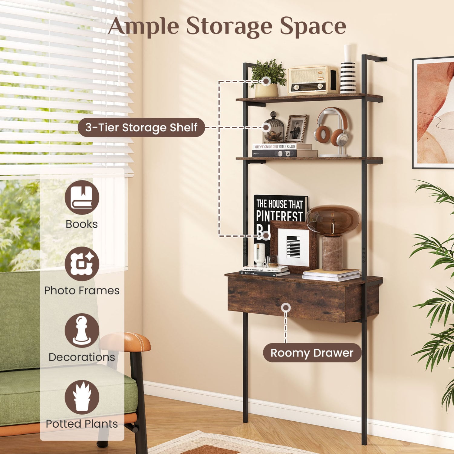 4-Tier Ladder Bookshelf With Drawer, Metal Frame, Rustic Brown Bookcases at Gallery Canada