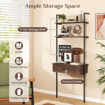 4-Tier Ladder Bookshelf With Drawer, Metal Frame, Rustic Brown Bookcases at Gallery Canada