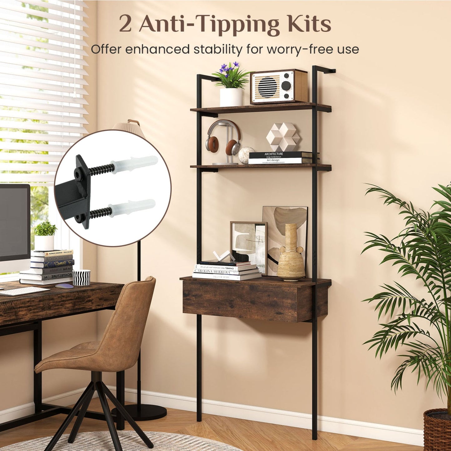 4-Tier Ladder Bookshelf With Drawer, Metal Frame, Rustic Brown Bookcases at Gallery Canada