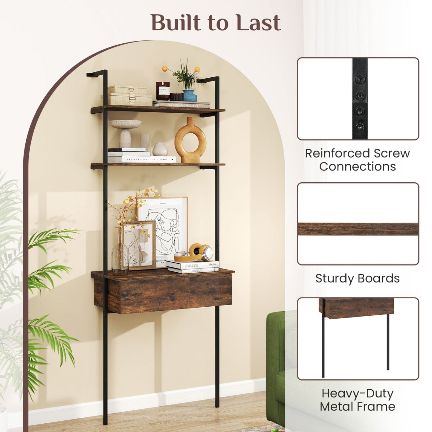 4-Tier Ladder Bookshelf With Drawer, Metal Frame, Rustic Brown Bookcases at Gallery Canada