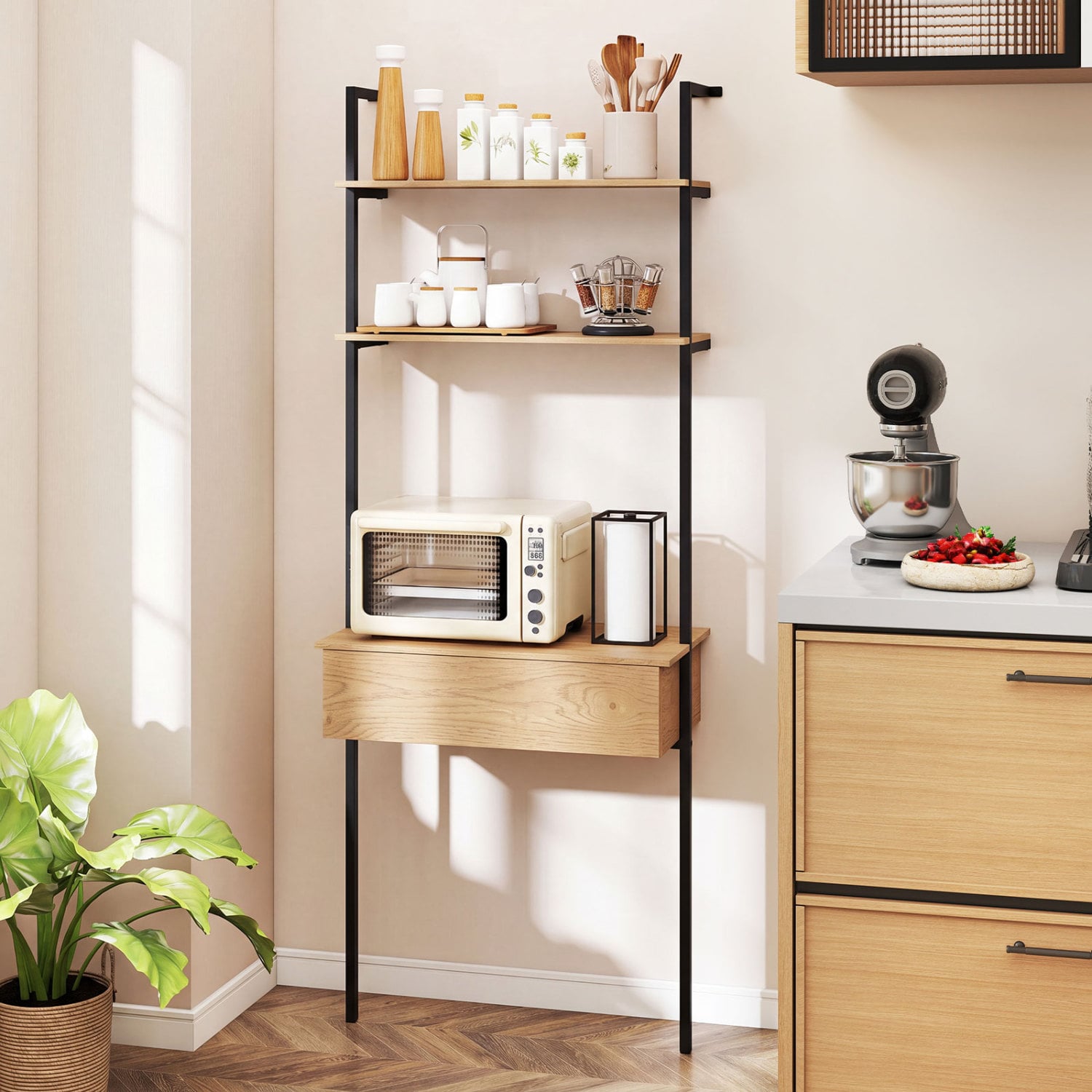 4-Tier Ladder Bookshelf With Drawer, Natural Bookcases at Gallery Canada
