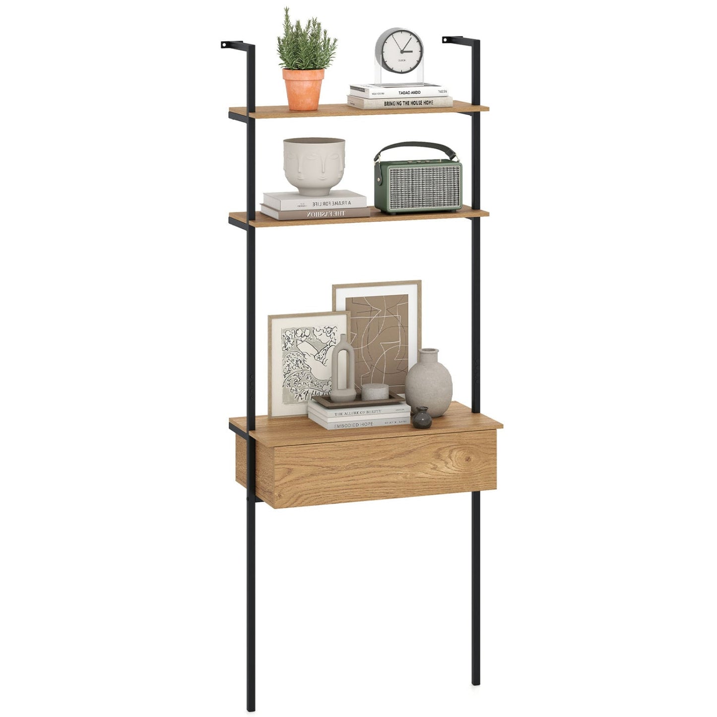 4-Tier Ladder Bookshelf With Drawer, Natural Bookcases at Gallery Canada