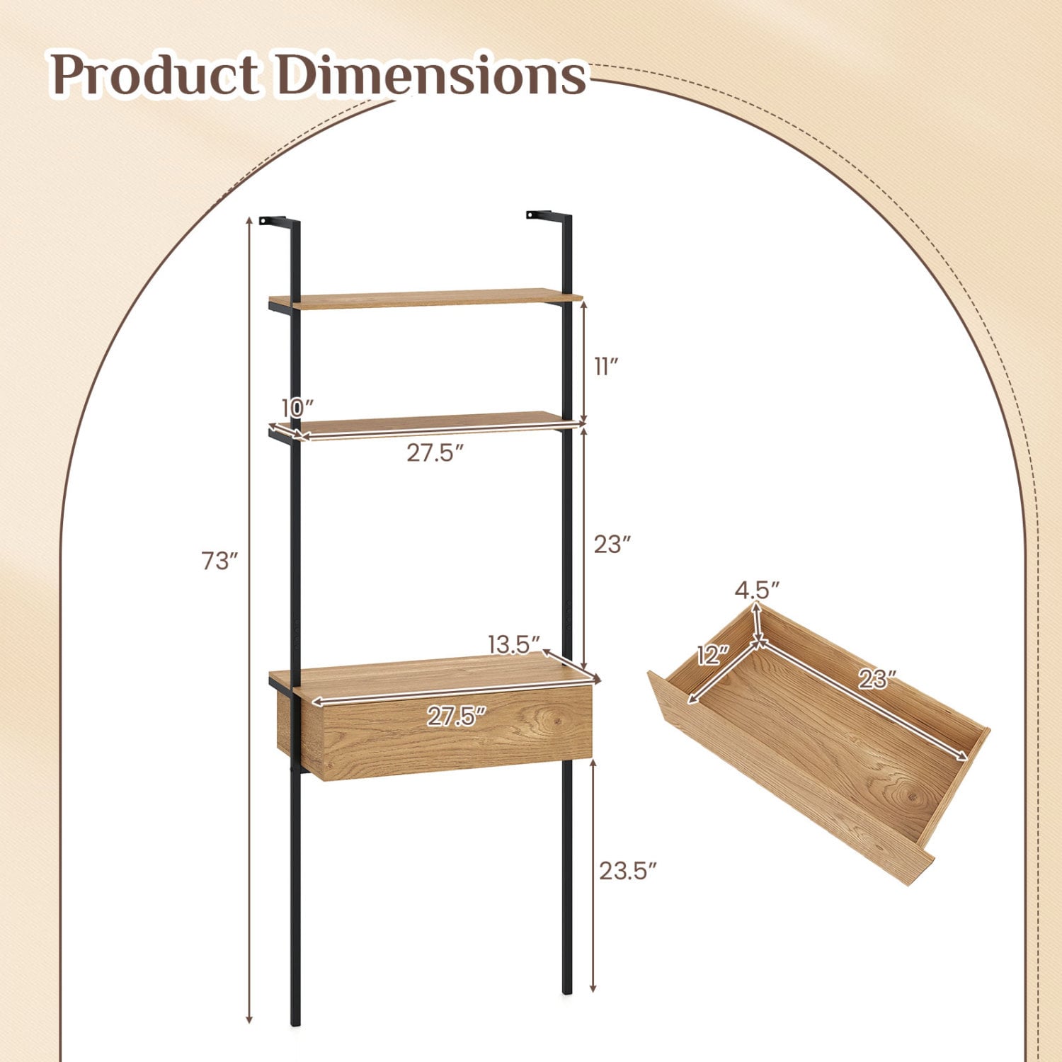4-Tier Ladder Bookshelf With Drawer, Natural Bookcases at Gallery Canada