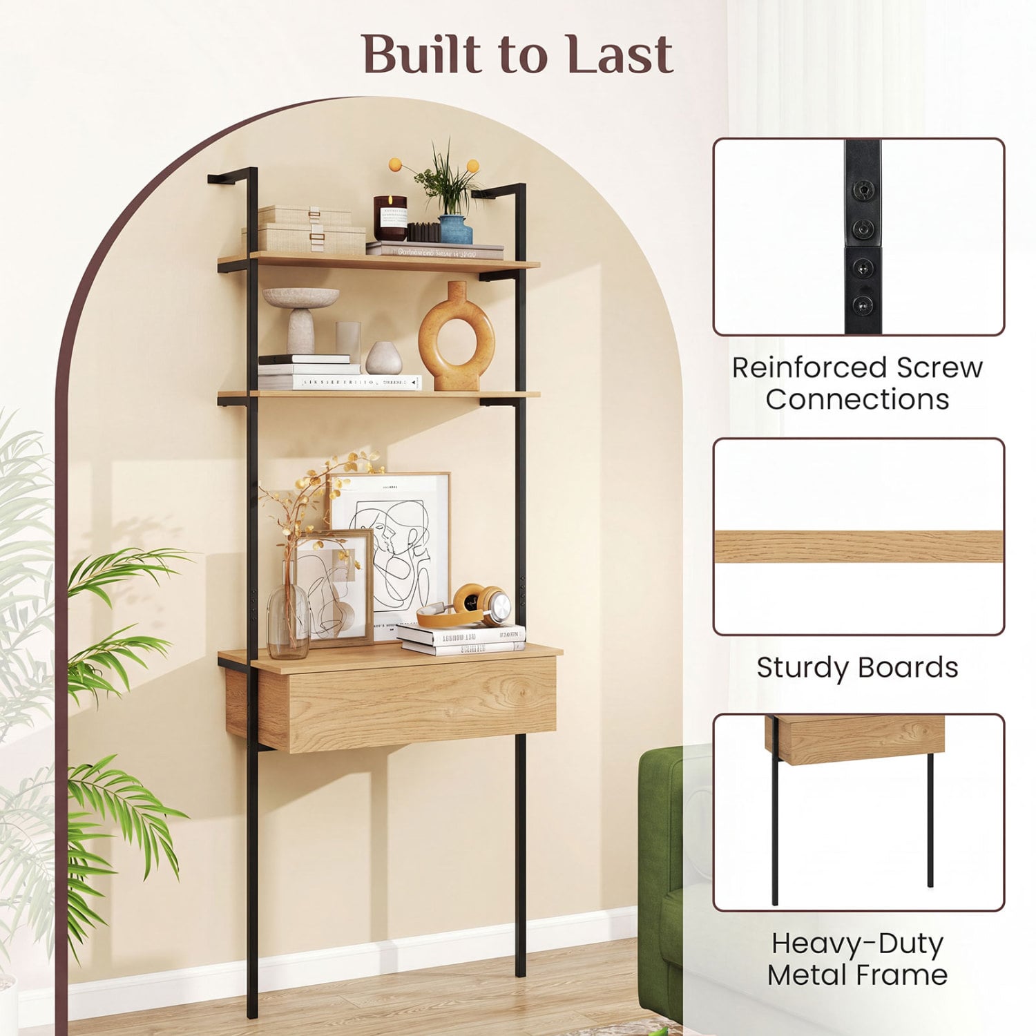 4-Tier Ladder Bookshelf With Drawer, Natural Bookcases at Gallery Canada
