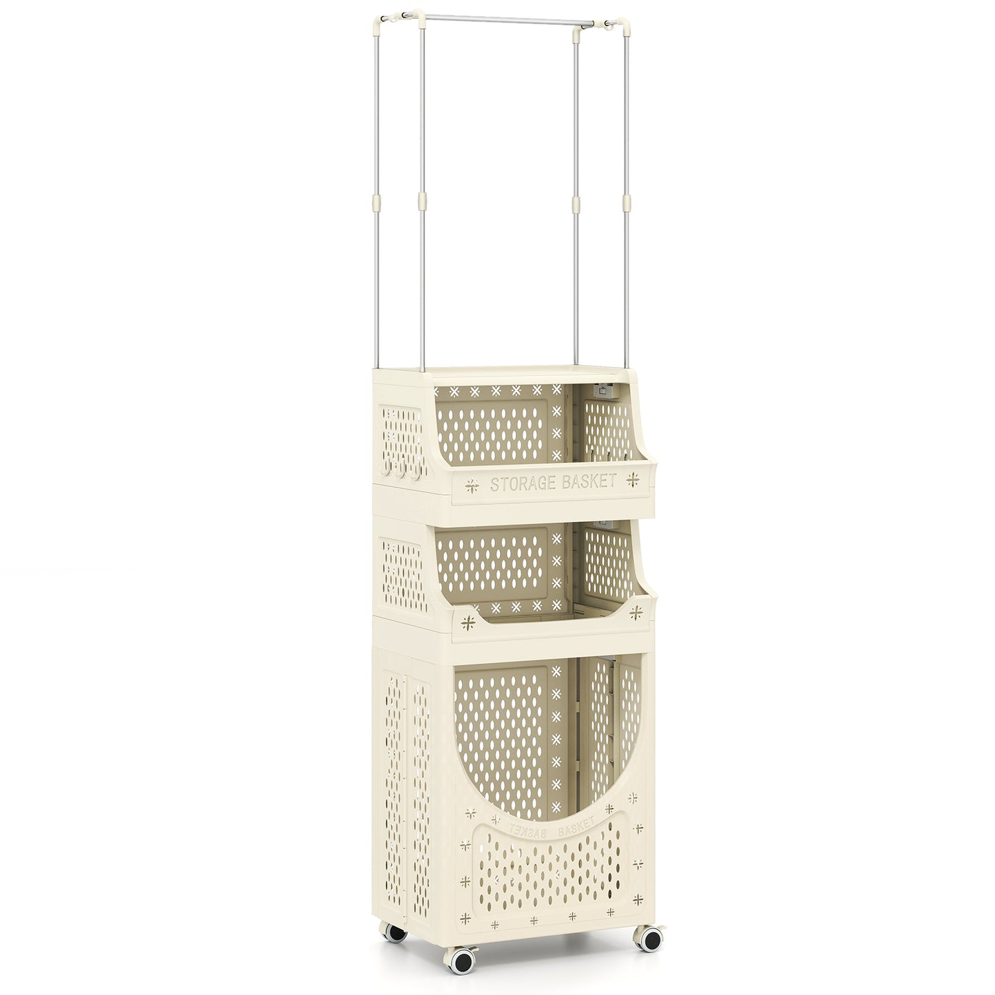 4-Tier Laundry Cart, Folding Hamper With Hanging Bar, 8 Hooks, Beige Laundry Baskets at Gallery Canada