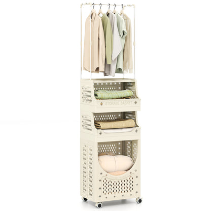 4-Tier Laundry Cart, Folding Hamper With Hanging Bar, 8 Hooks, Beige Laundry Baskets at Gallery Canada
