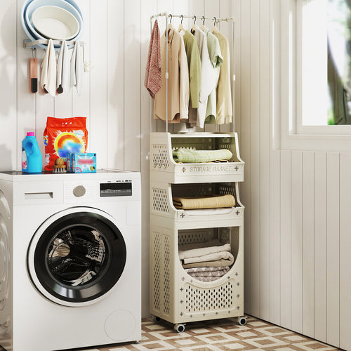 4-Tier Laundry Cart, Folding Hamper With Hanging Bar, 8 Hooks, Beige