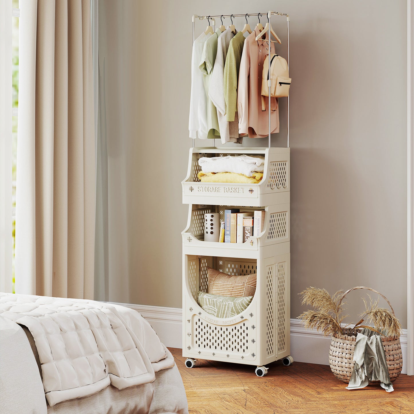 4-Tier Laundry Cart, Folding Hamper With Hanging Bar, 8 Hooks, Beige Laundry Baskets at Gallery Canada