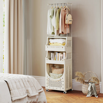 4-Tier Laundry Cart, Folding Hamper With Hanging Bar, 8 Hooks, Beige Laundry Baskets at Gallery Canada