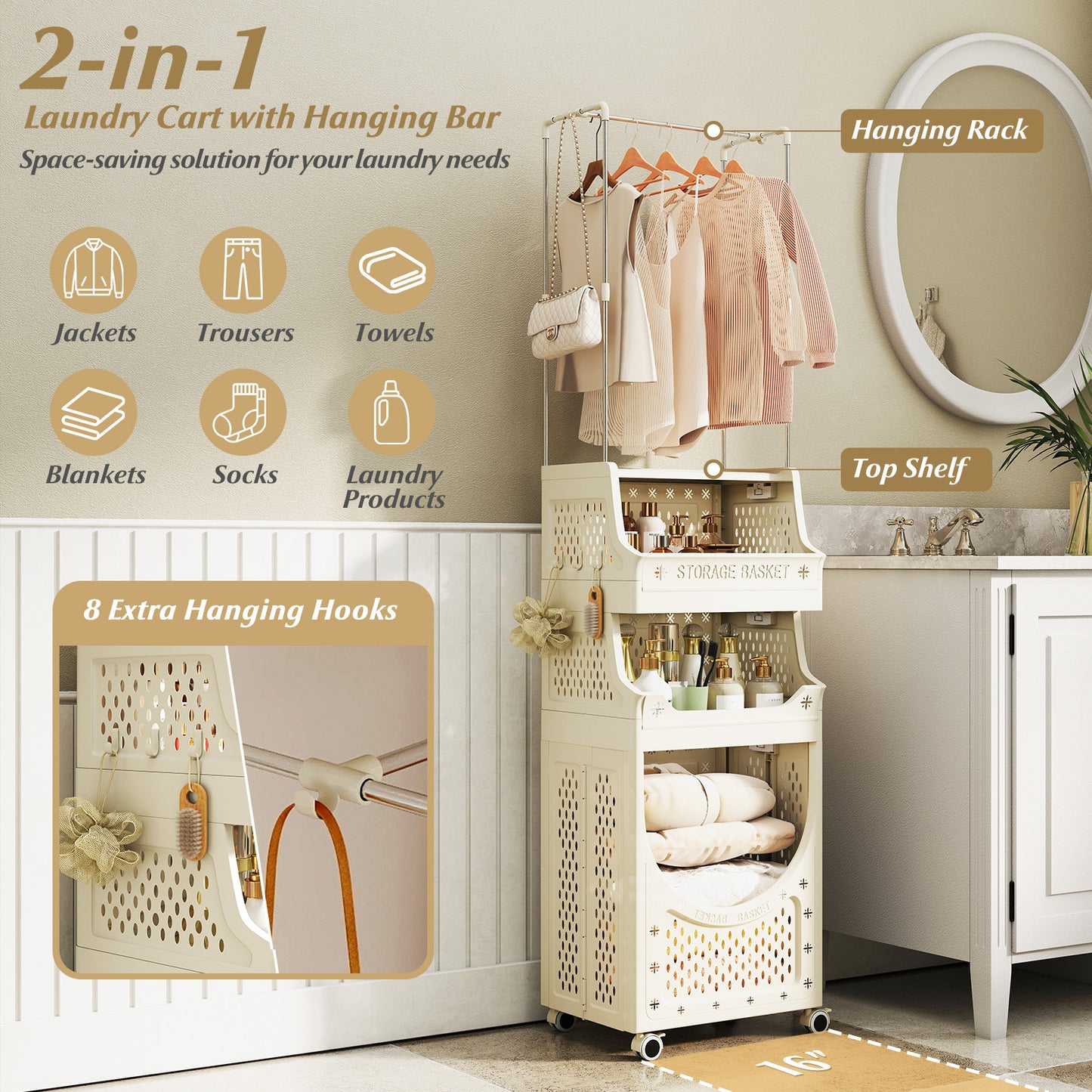 4-Tier Laundry Cart, Folding Hamper With Hanging Bar, 8 Hooks, Beige Laundry Baskets at Gallery Canada