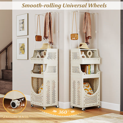 4-Tier Laundry Cart, Folding Hamper With Hanging Bar, 8 Hooks, Beige Laundry Baskets at Gallery Canada