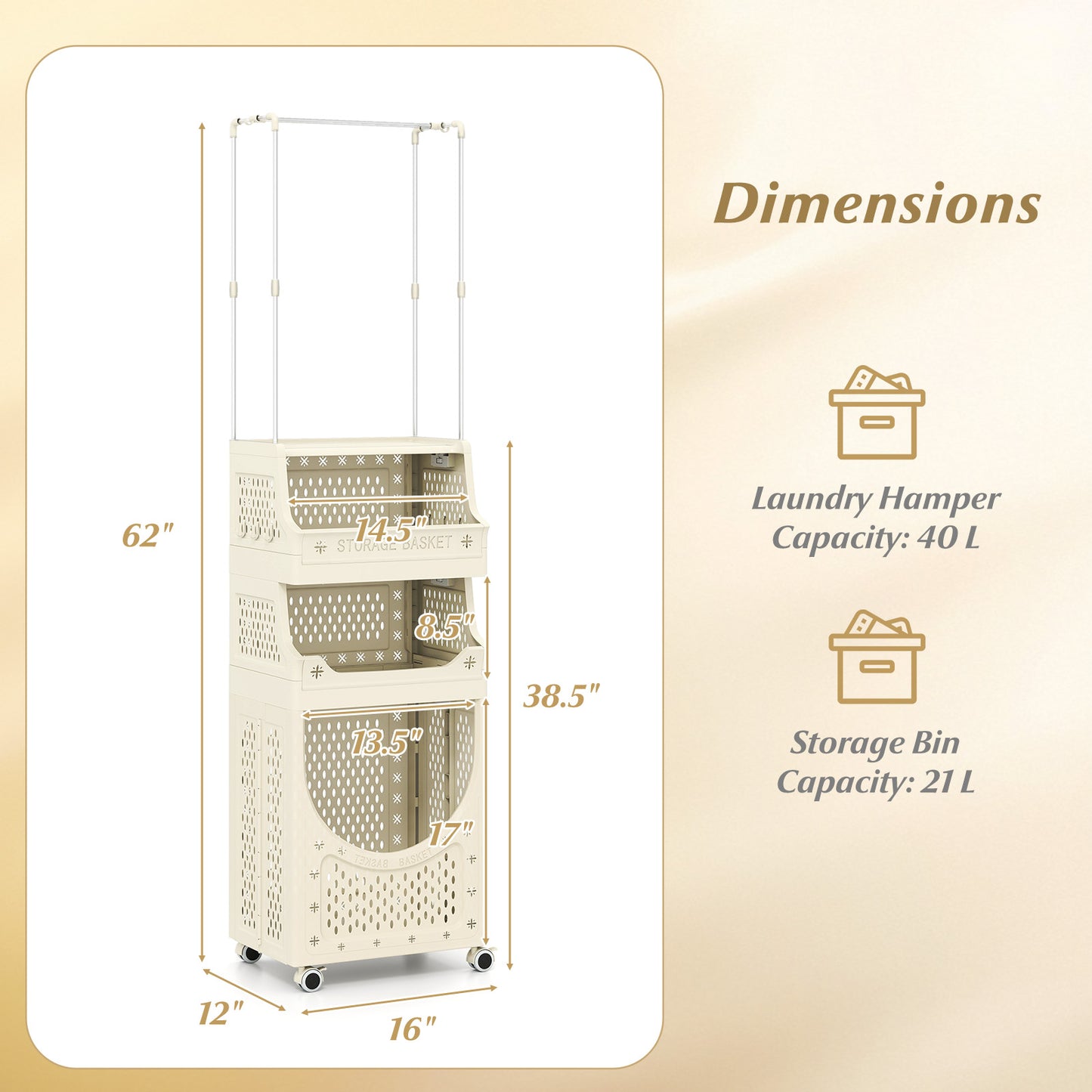 4-Tier Laundry Cart, Folding Hamper With Hanging Bar, 8 Hooks, Beige Laundry Baskets at Gallery Canada