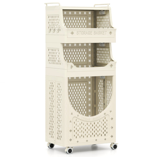 4-Tier Laundry Cart, Folding Hamper With Lockable Wheels, Beige Laundry Baskets Beige at Gallery Canada