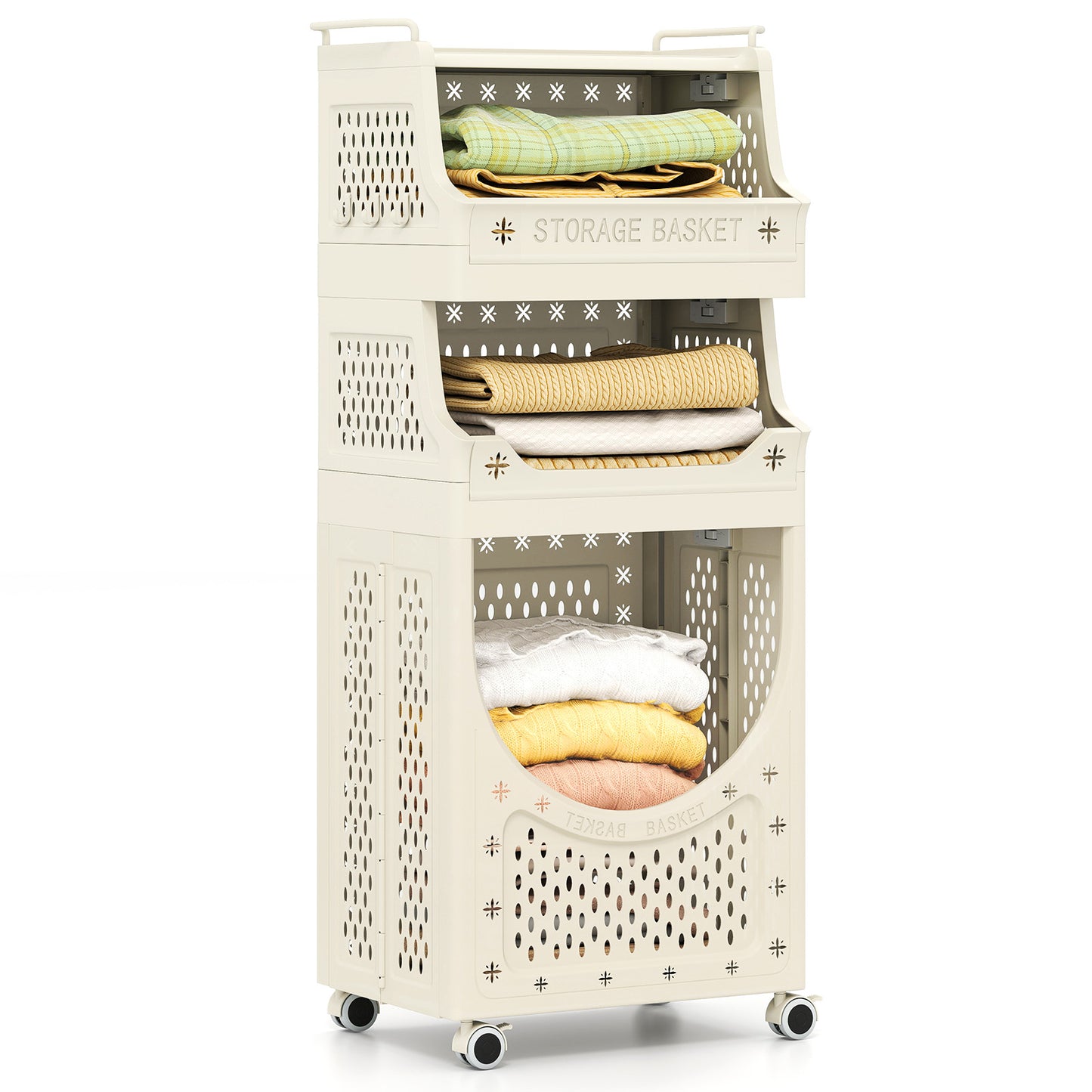 4-Tier Laundry Cart, Folding Hamper With Lockable Wheels, Beige Laundry Baskets at Gallery Canada