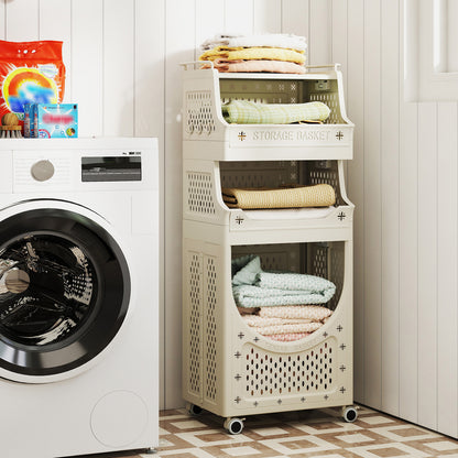 4-Tier Laundry Cart, Folding Hamper With Lockable Wheels, Beige Laundry Baskets at Gallery Canada
