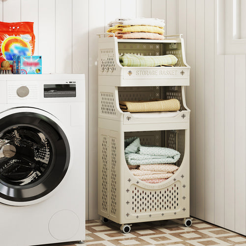 4-Tier Laundry Cart, Folding Hamper With Lockable Wheels, Beige