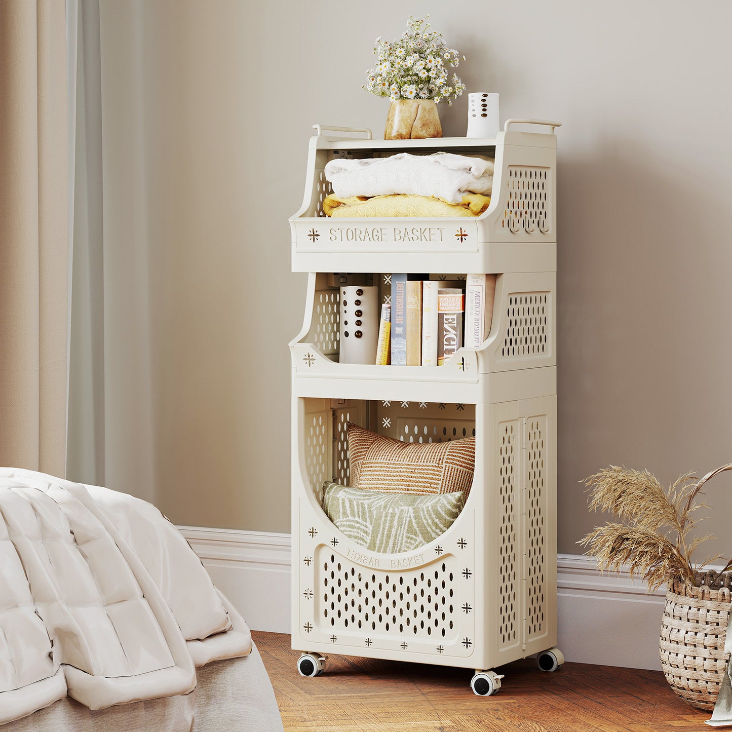 4-Tier Laundry Cart, Folding Hamper With Lockable Wheels, Beige Laundry Baskets at Gallery Canada