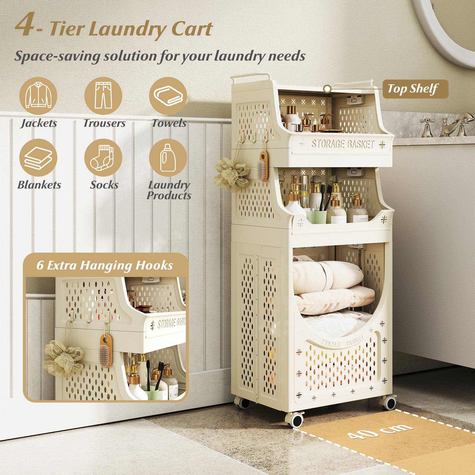 4-Tier Laundry Cart, Folding Hamper With Lockable Wheels, Beige Laundry Baskets at Gallery Canada