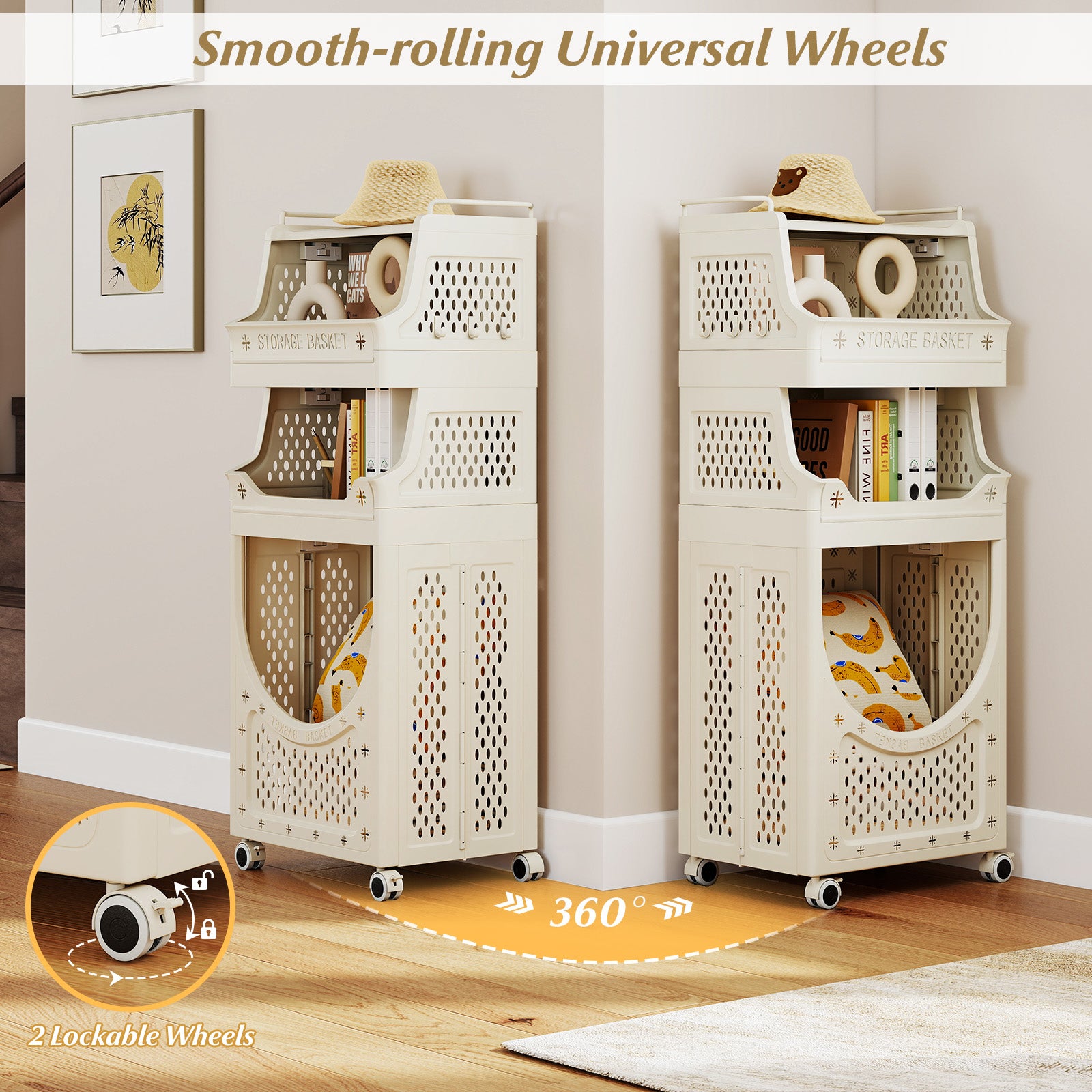 4-Tier Laundry Cart, Folding Hamper With Lockable Wheels, Beige Laundry Baskets at Gallery Canada