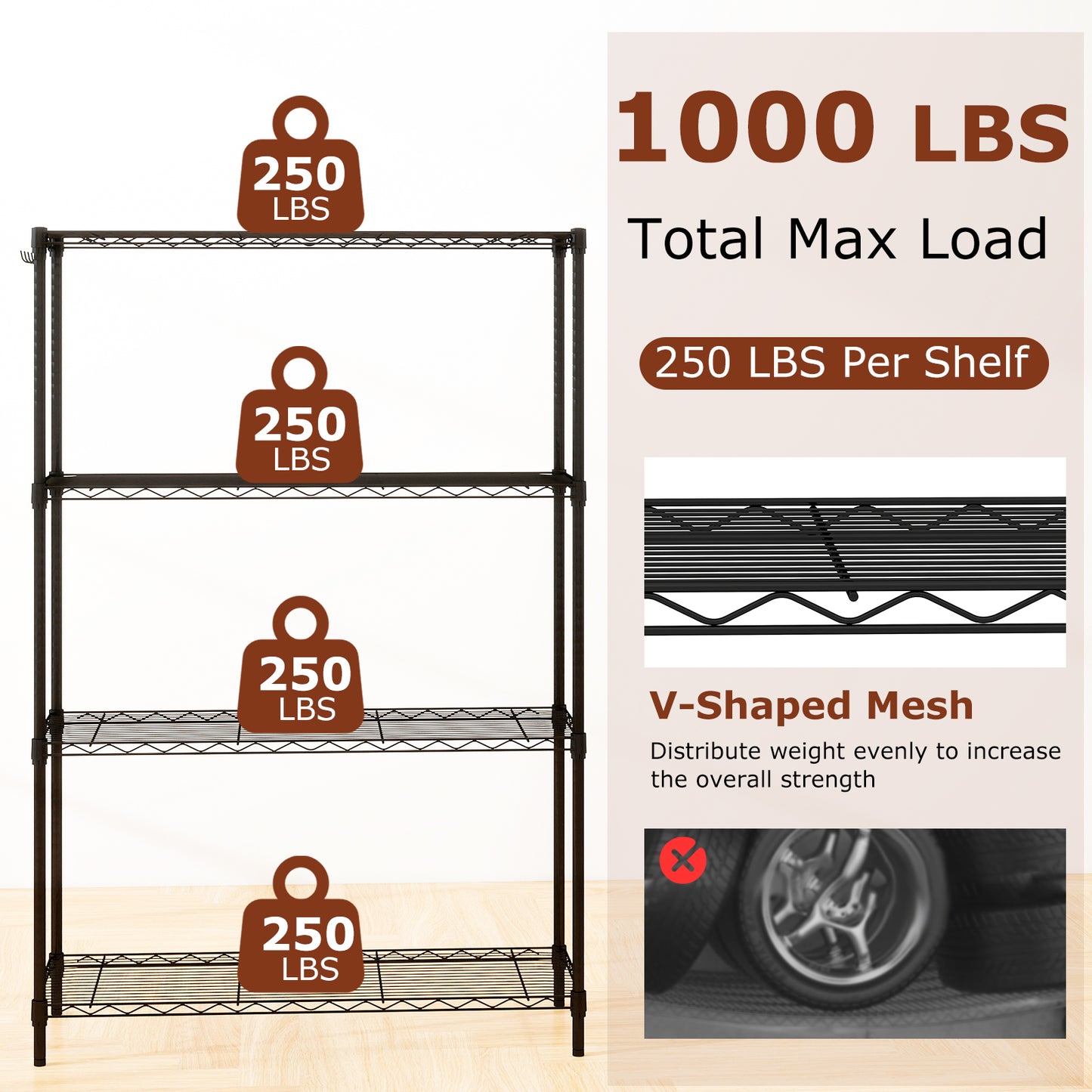 4-Tier Metal Storage Shelving Unit with V-Shaped Wire Rack and 1000 LBS Capacity-DK, Black Garages at Gallery Canada