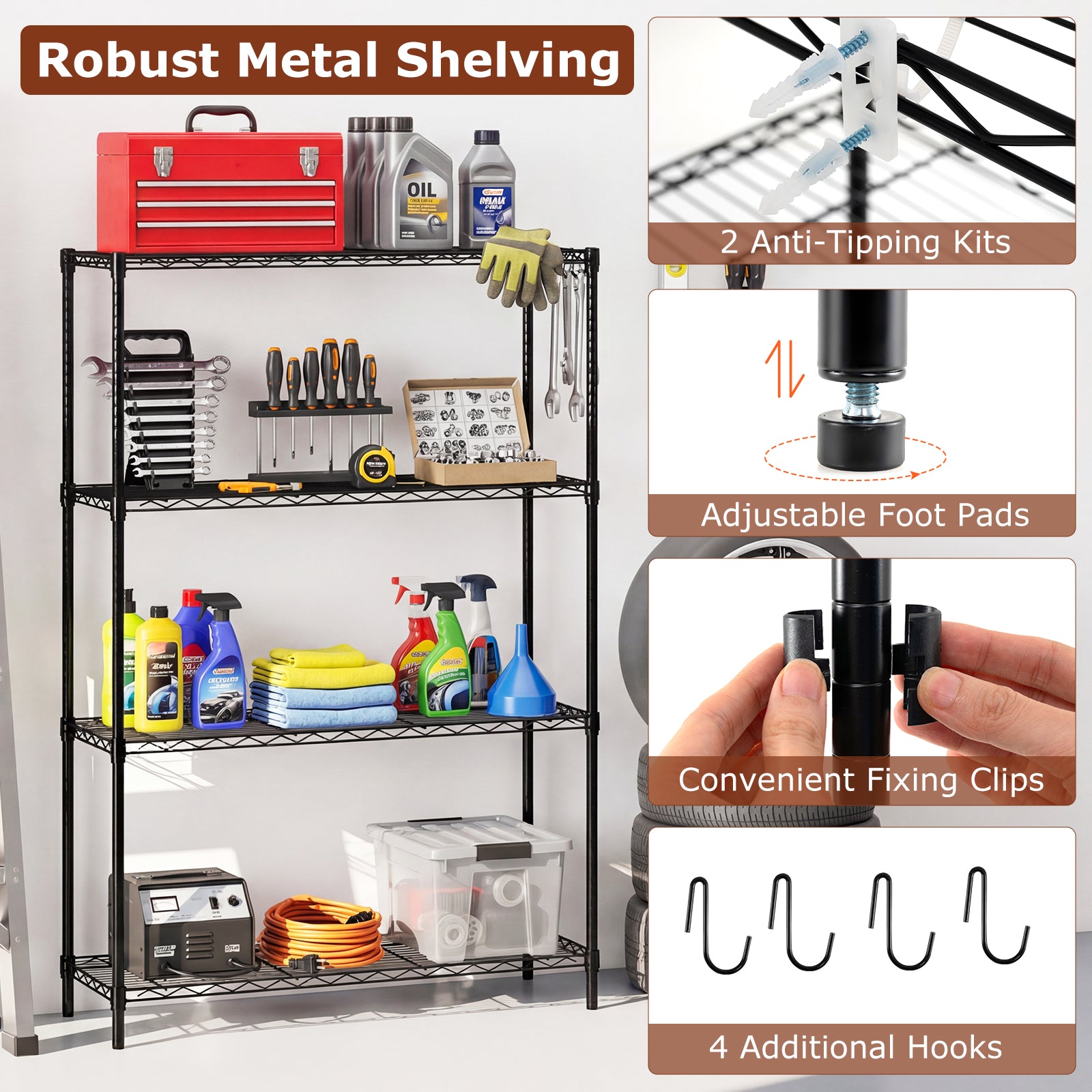 4-Tier Metal Storage Shelving Unit with V-Shaped Wire Rack and 1000 LBS Capacity-DK, Black Garages at Gallery Canada