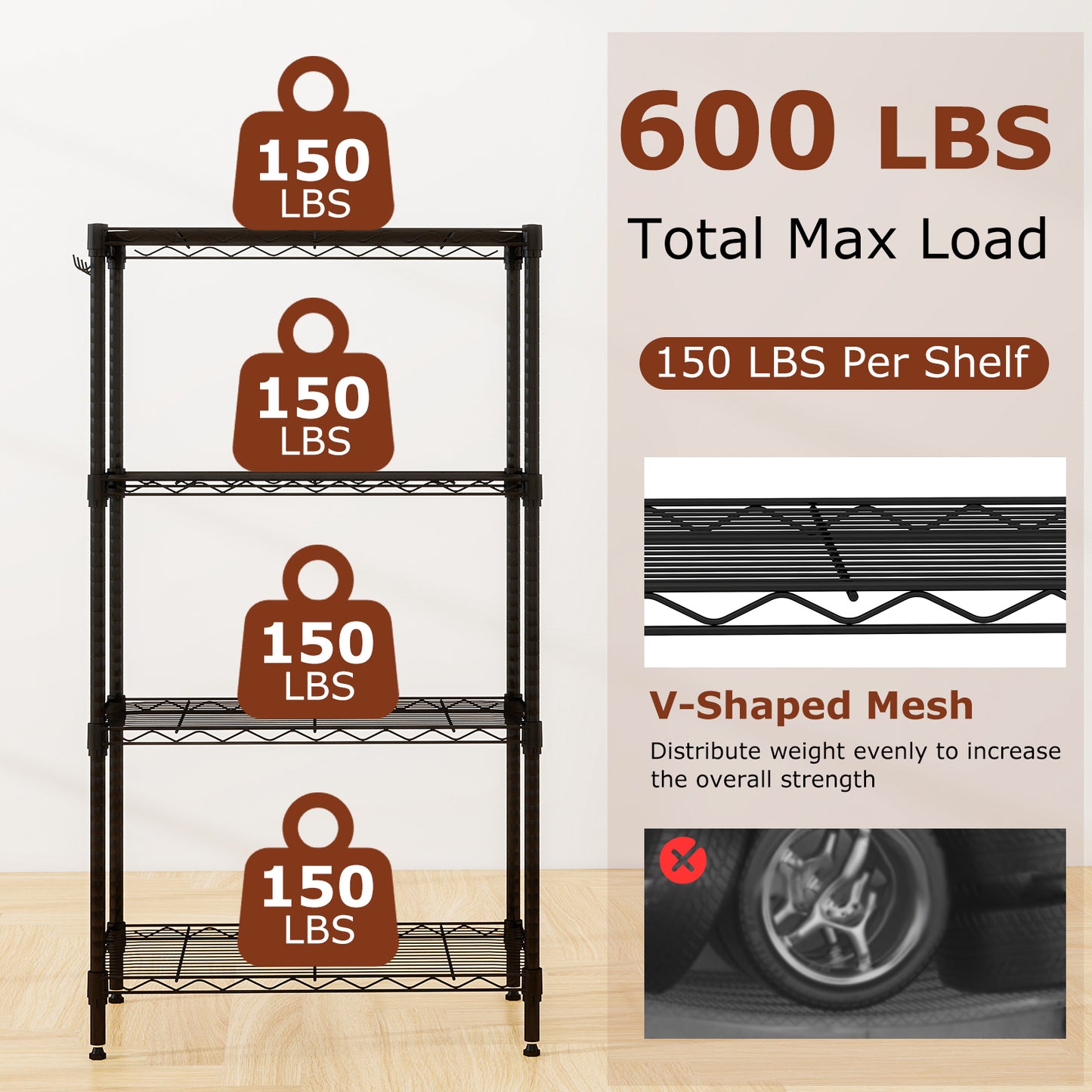 4-Tier Metal Storage Shelving Unit with V-Shaped Wire Rack and 600 LBS Capacity-DK, Black Garages at Gallery Canada