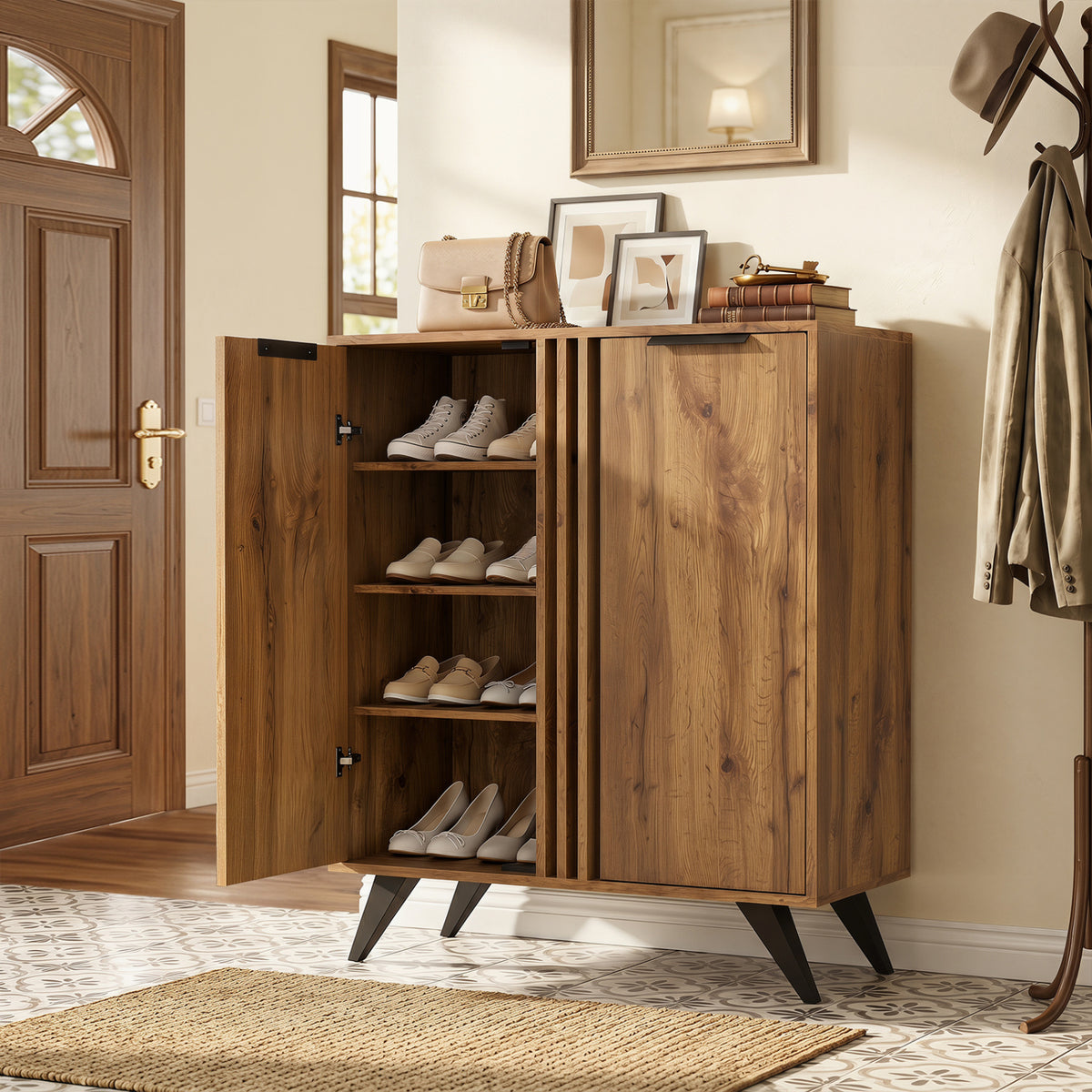 4-Tier Hidden Shoe Cabinet, 2 Doors, Natural Shoe Racks & Storage Benches at Gallery Canada