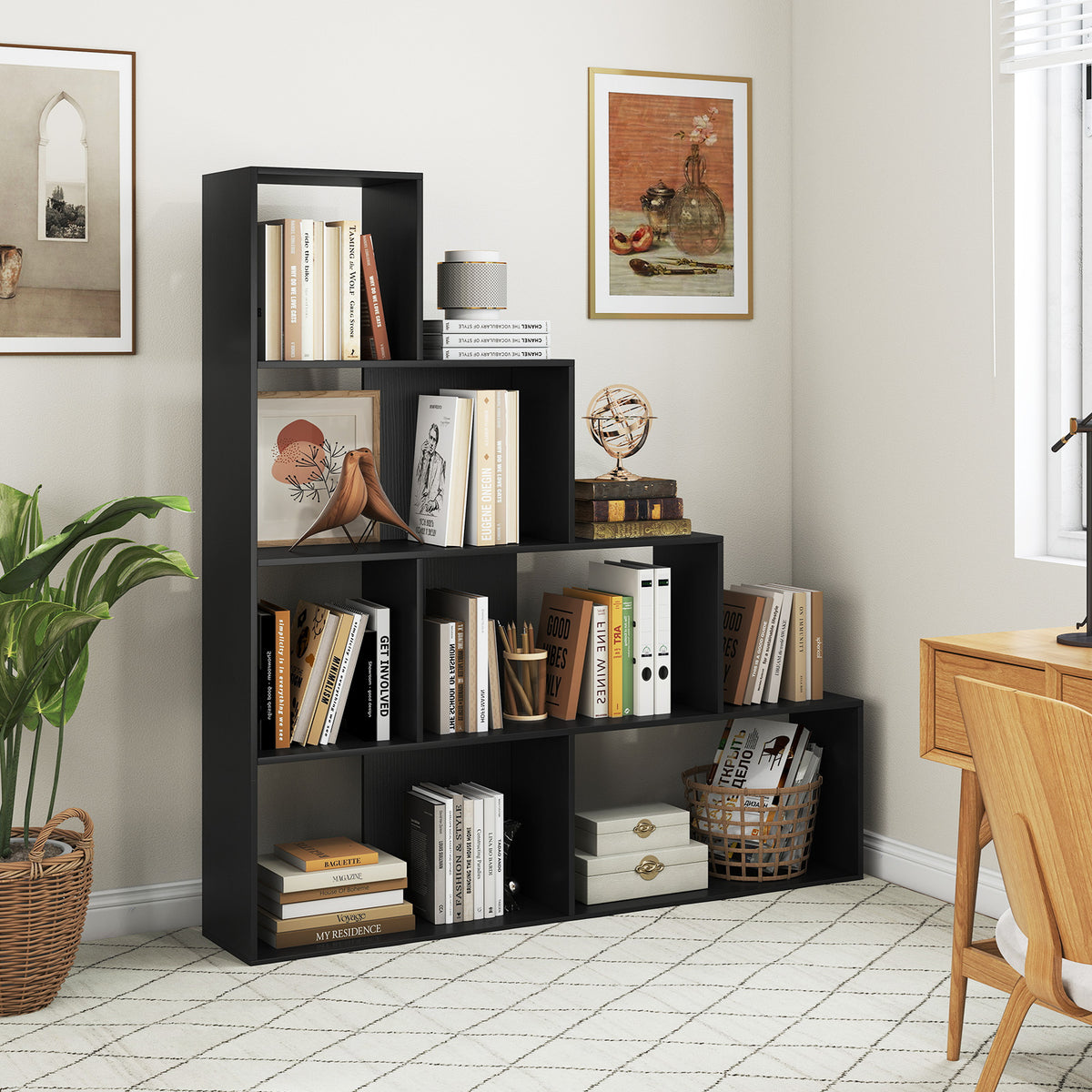 4-Tier Stepped Bookshelf, 6 Storage Cubes, Black Bookcases at Gallery Canada