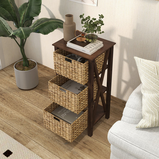 3-Tier Nightstand With 3 Seagrass Baskets, Narrow X-Design, Walnut Nightstands Walnut at Gallery Canada