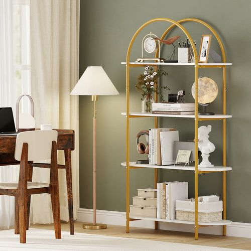 4-Tier Open Bookcase with Sturdy Metal Frame for Living Room-WH, White & Golden