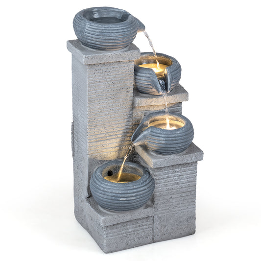 4-Tier Outdoor Water Fountain, Cascading Bowl Waterfall With LED Lights, Gray Outdoor Decor Gray at Gallery Canada