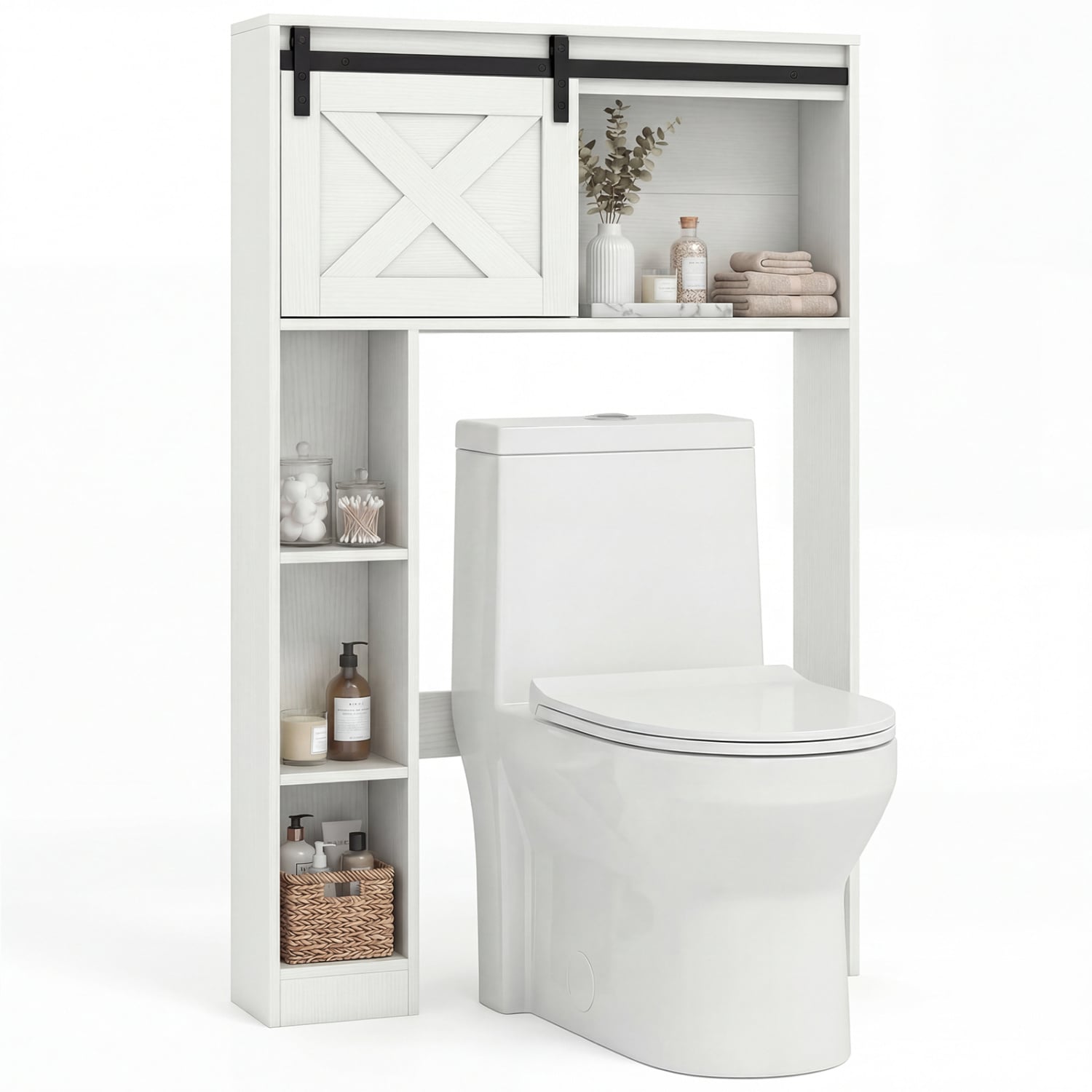 4-Tier Over The Toilet Storage Cabinet with Sliding Barn Door and Storage Shelves, White Bathroom Etagere at Gallery Canada