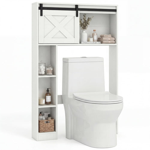 4-Tier Over The Toilet Storage Cabinet with Sliding Barn Door and Storage Shelves, White