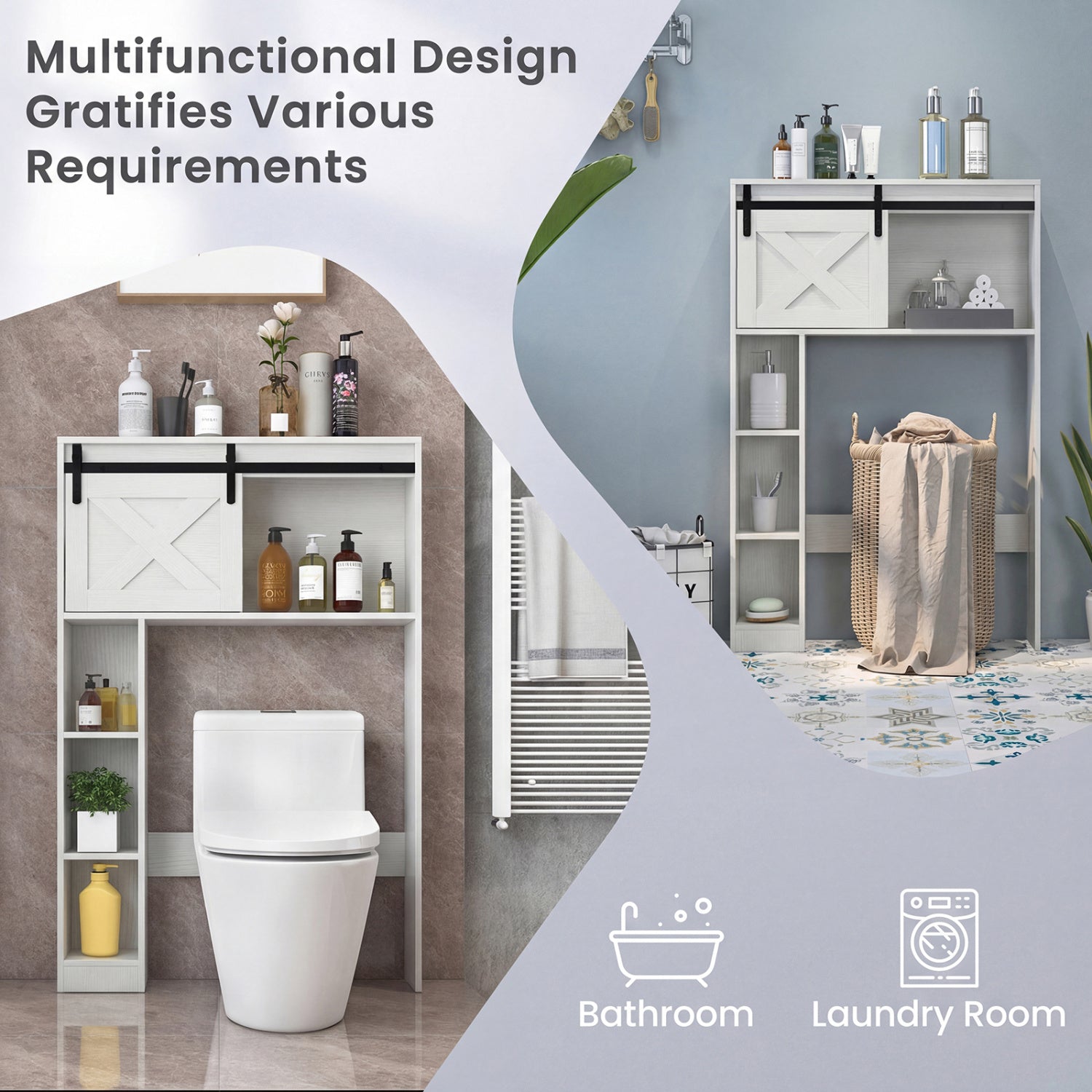 4-Tier Over The Toilet Storage Cabinet with Sliding Barn Door and Storage Shelves, White Bathroom Etagere at Gallery Canada