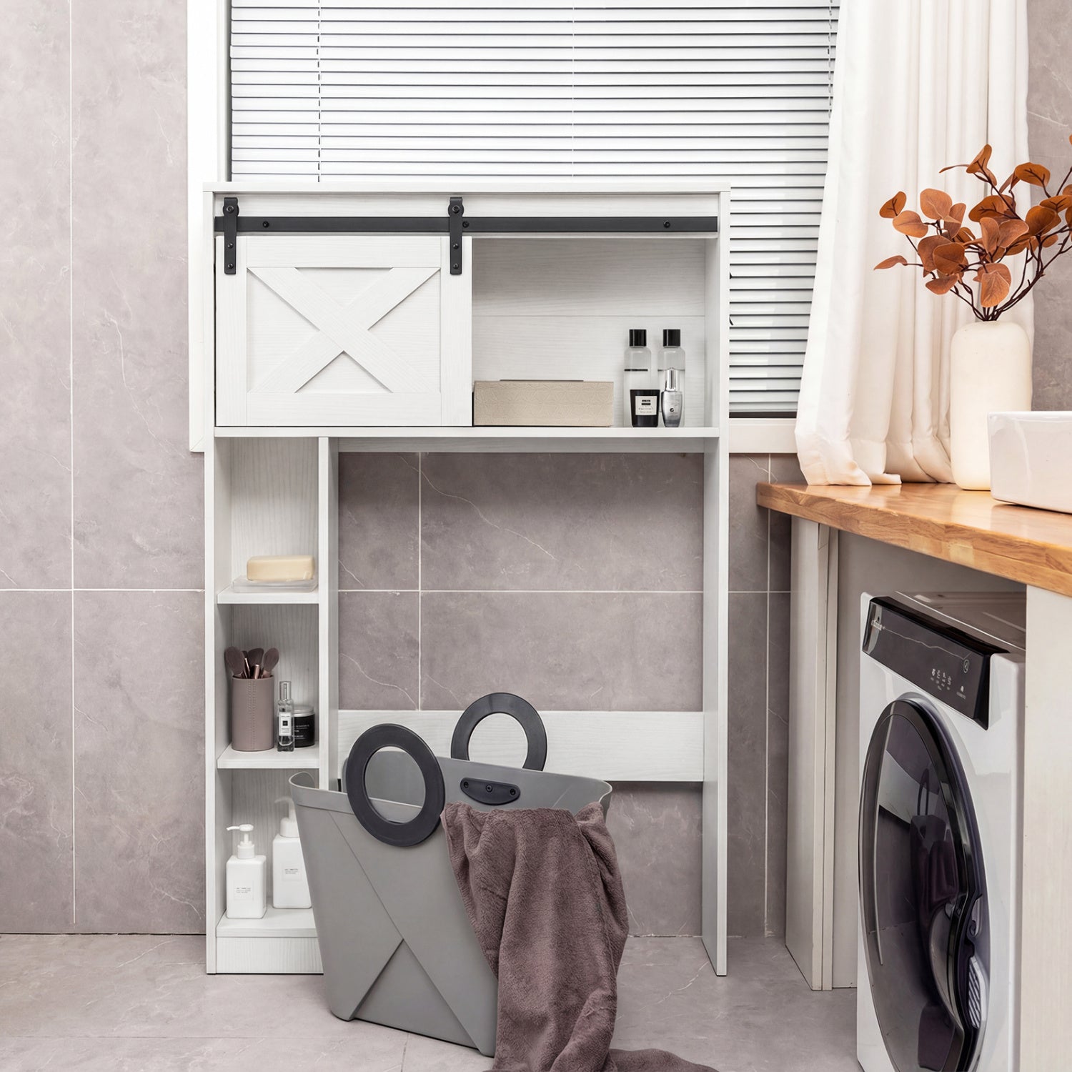 4-Tier Over The Toilet Storage Cabinet with Sliding Barn Door and Storage Shelves, White Bathroom Etagere at Gallery Canada