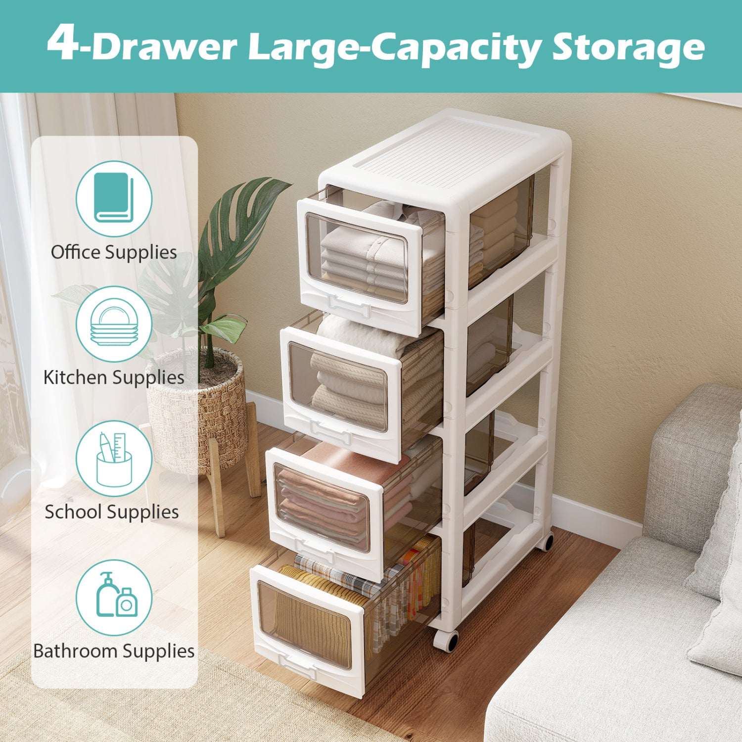 4-Tier Plastic Drawer Storage Organizer, Rolling Cart, Lockable Wheels File Cabinets at Gallery Canada