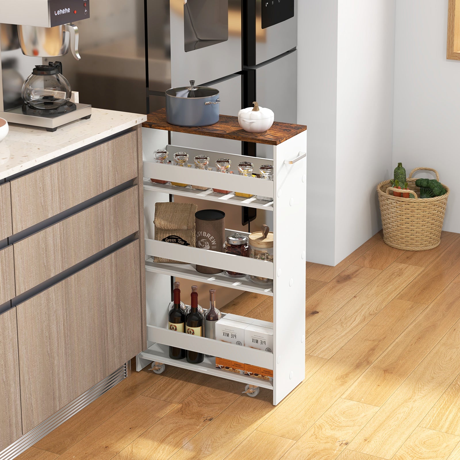 4-Tier Rolling Storage Cart, Slim Kitchen Cart, Rustic Brown Kitchen Islands & Carts at Gallery Canada
