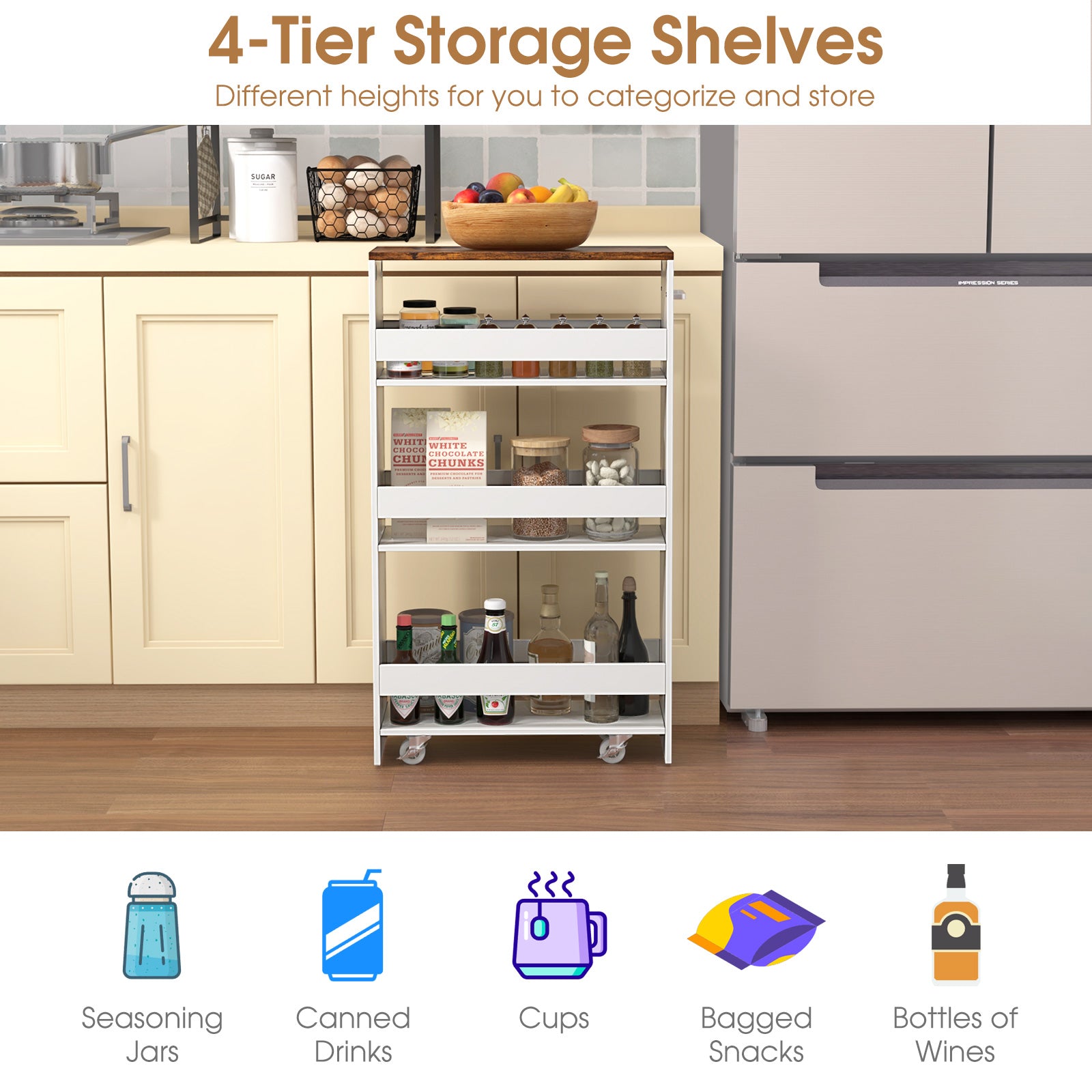 4-Tier Rolling Storage Cart, Slim Kitchen Cart, Rustic Brown Kitchen Islands & Carts at Gallery Canada