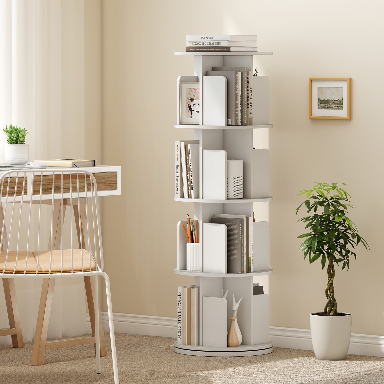 4-Tier Rotating Bookshelf With Dividers, White Bookcases at Gallery Canada