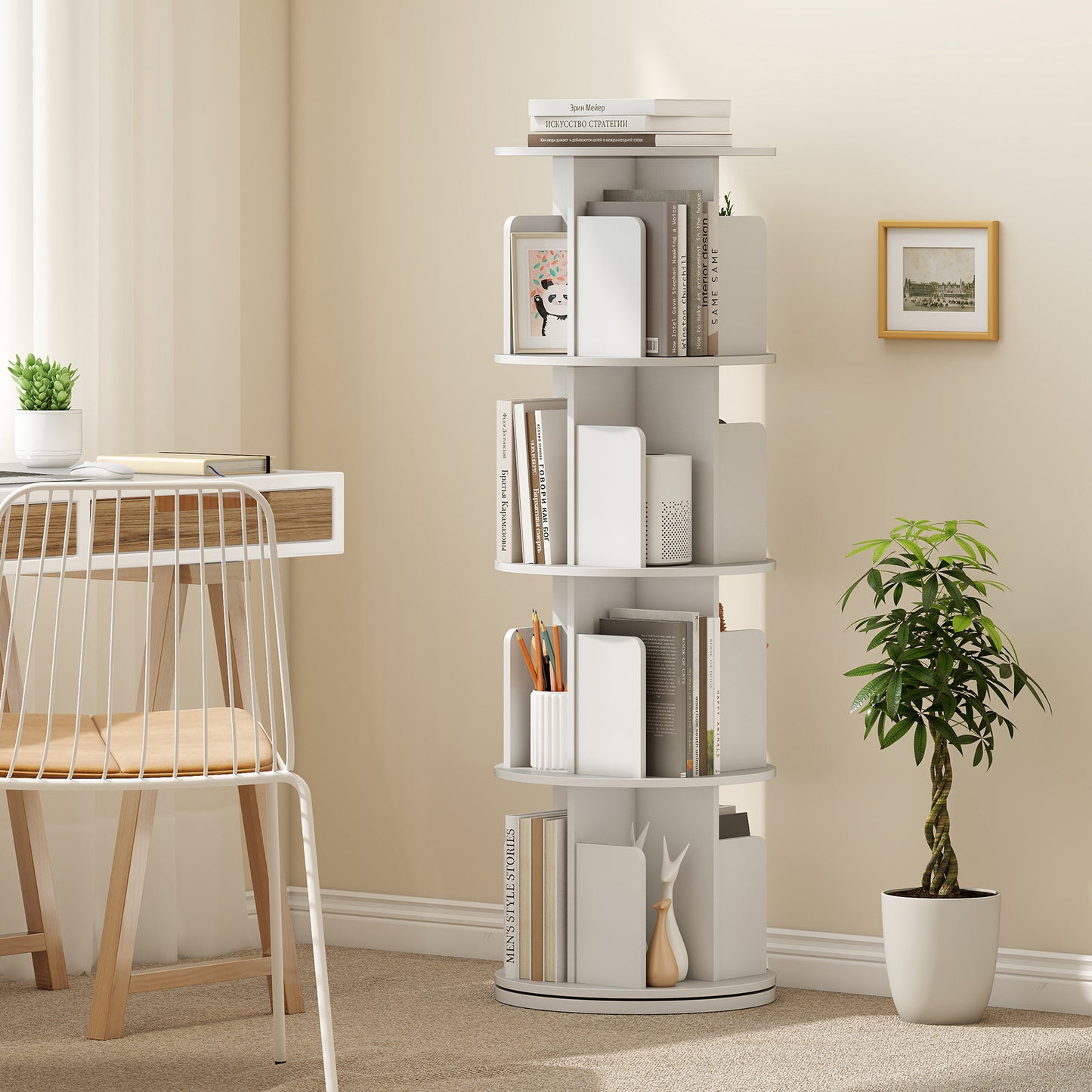 4-Tier Rotating Bookshelf With Dividers, White Bookcases at Gallery Canada
