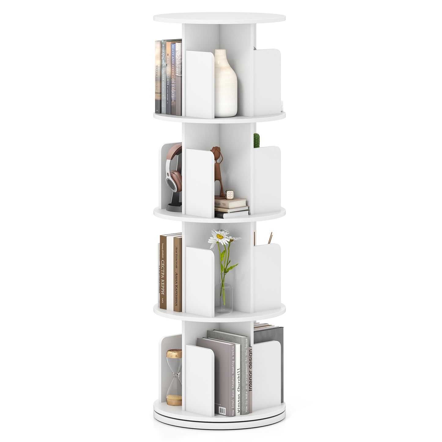 4-Tier Rotating Bookshelf With Dividers, White Bookcases White at Gallery Canada