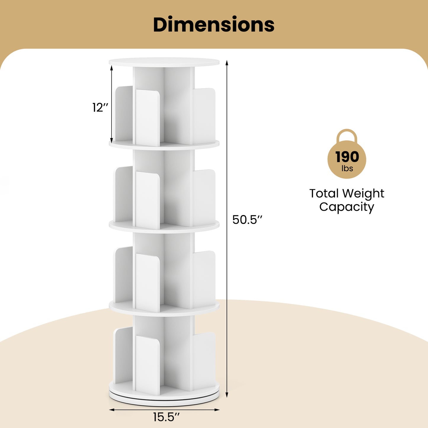 4-Tier Rotating Bookshelf With Dividers, White Bookcases at Gallery Canada