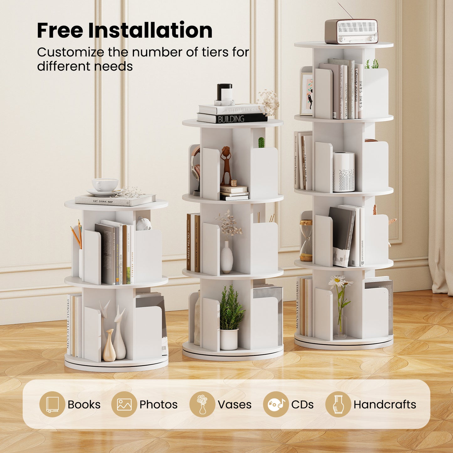 4-Tier Rotating Bookshelf With Dividers, White Bookcases at Gallery Canada