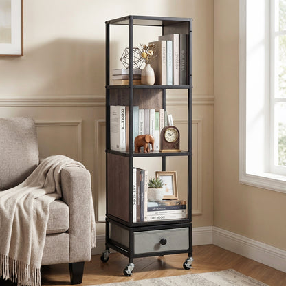 4-Tier Rotating Bookshelf On Wheels, With Drawer, Gray Bookcases at Gallery Canada